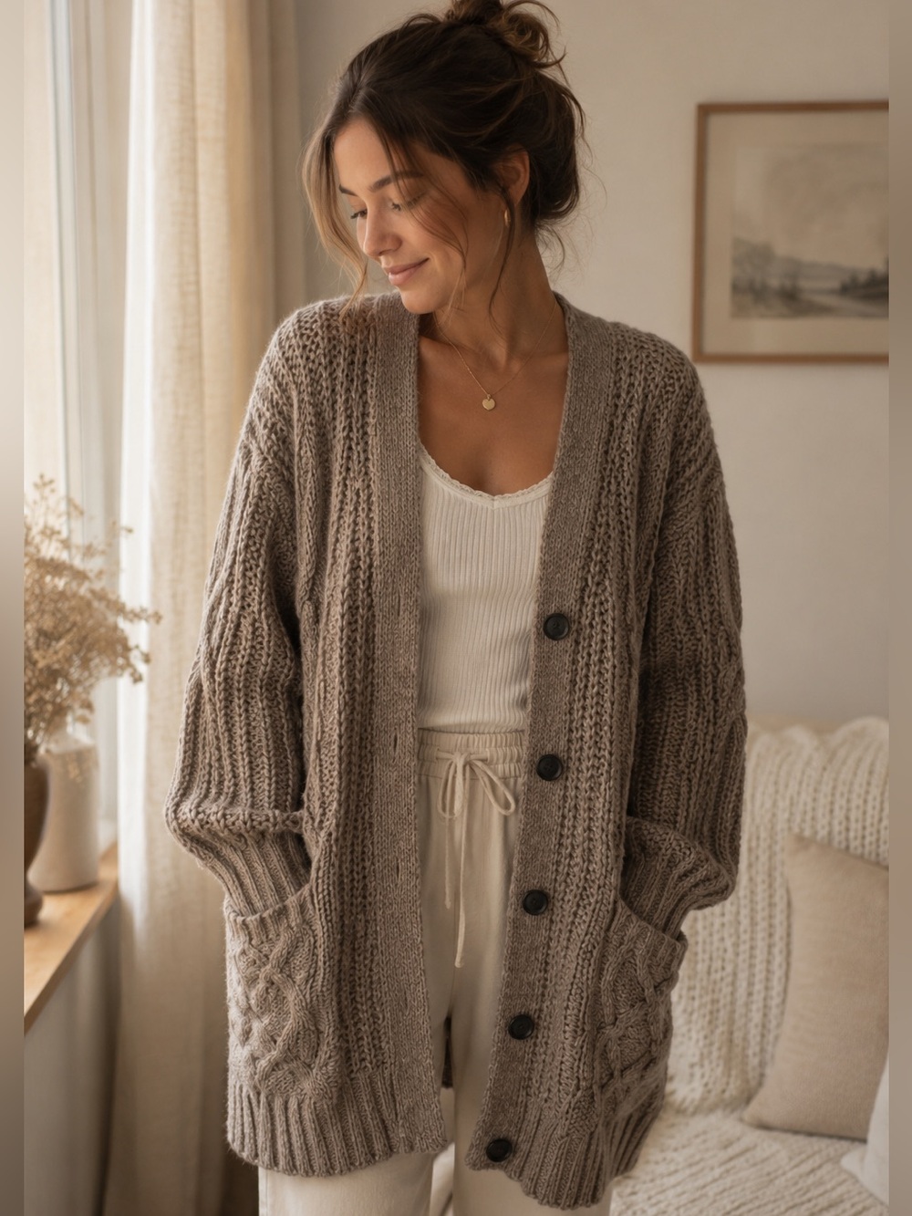 American Eagle Outfitters Olive Cable Knit Button-Front Cardigan
